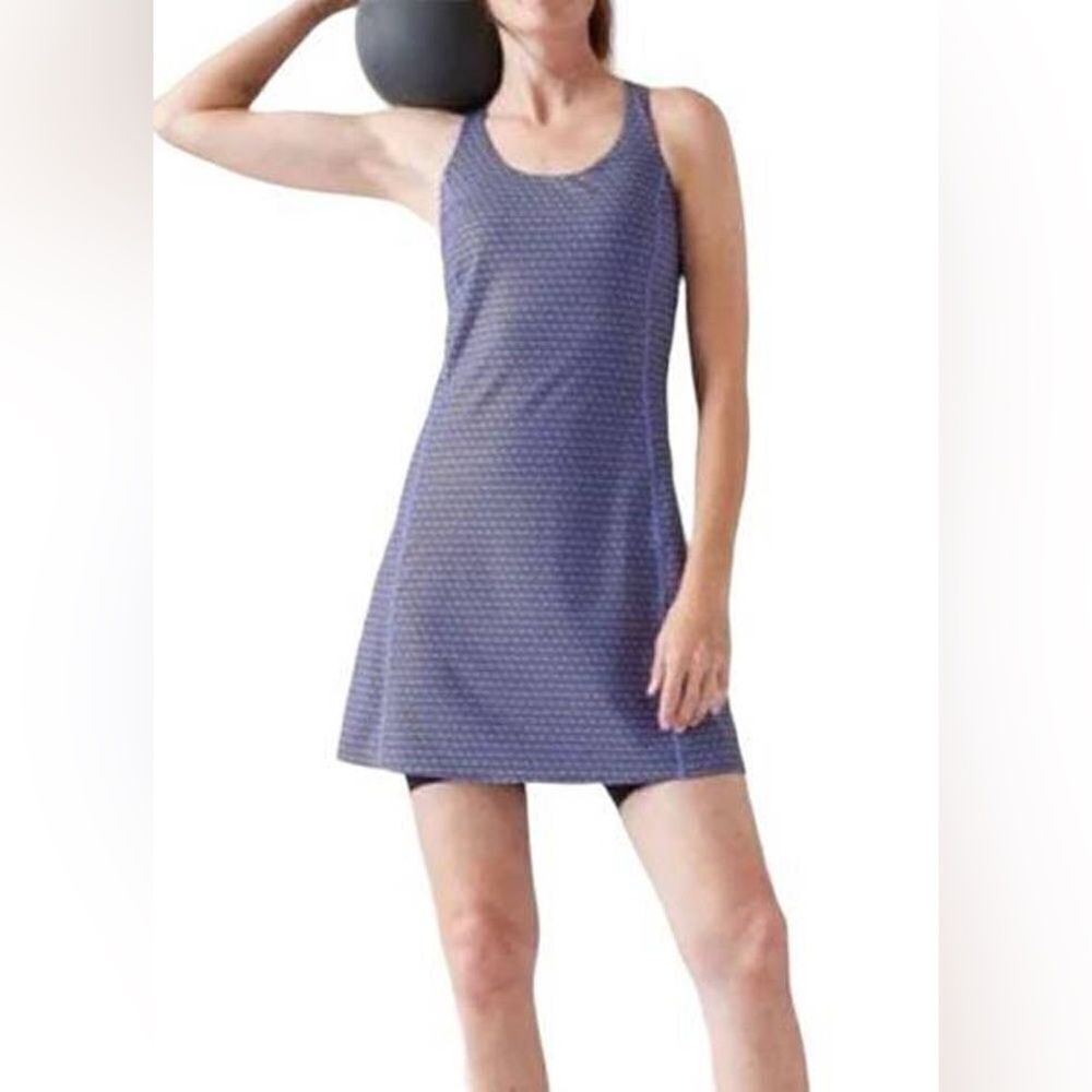 NWOT- Athleta-Ultimate Ease Fit And Flare Blue Purple Printed Dress- Size Small